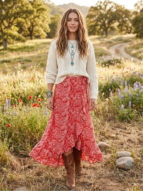 Universal Thread Red Floral Wrap Maxi Skirt